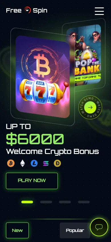 Free Spin Casino home page on a mobile device