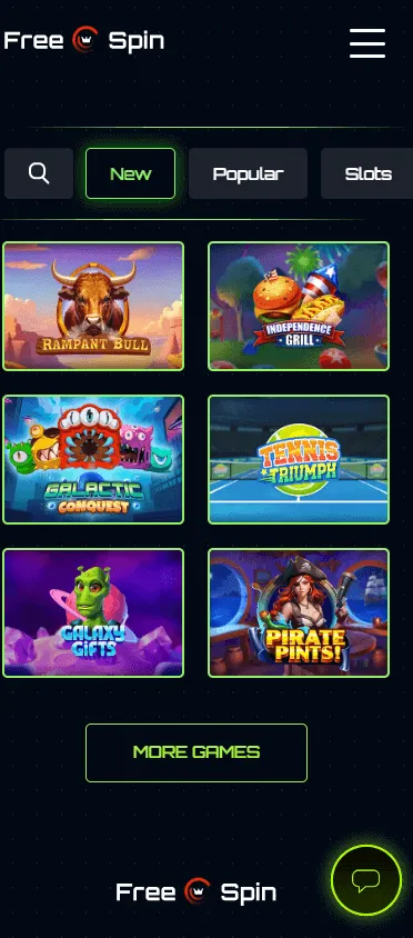 Free Spin Casino games area on a mobile device