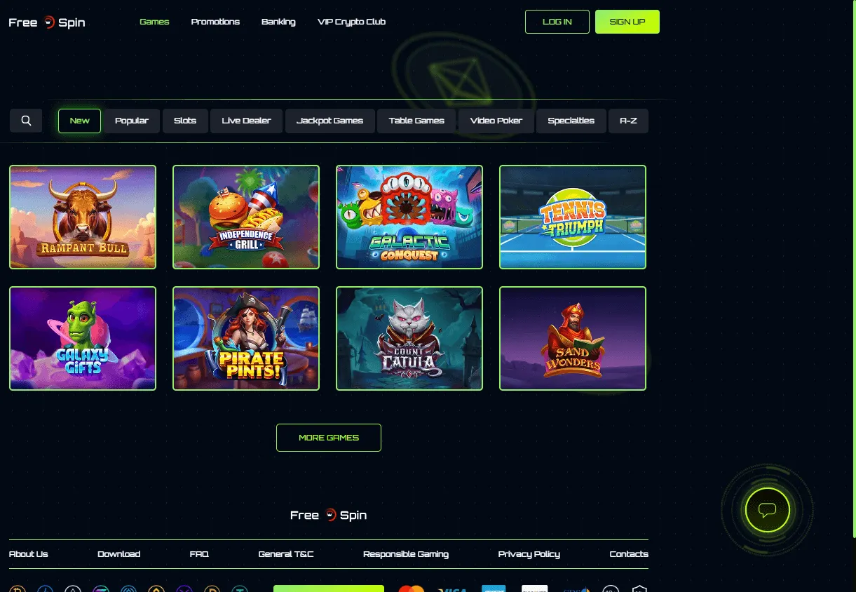 Free Spin Casino games area on desktop