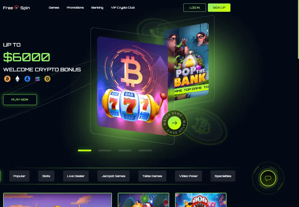 Free Spin Casino home page on desktop
